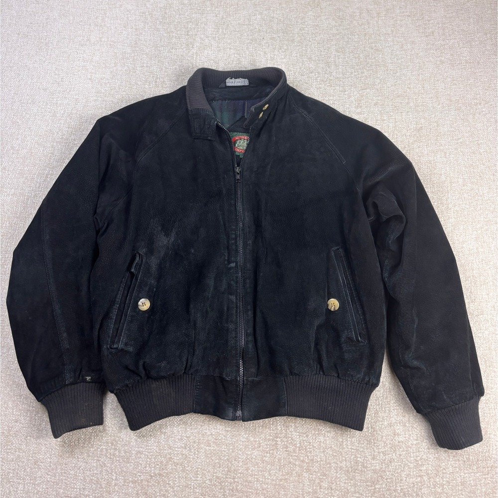 Authentic Imports Mens Black Suede Leather Bomber Jacket Plaid Lined Large